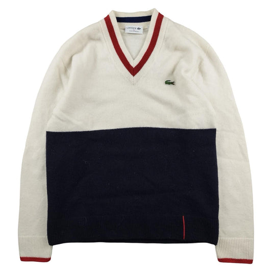 Lacoste - Pull en laine à col V blanc et bleu marine taille S - Le Saptuaire