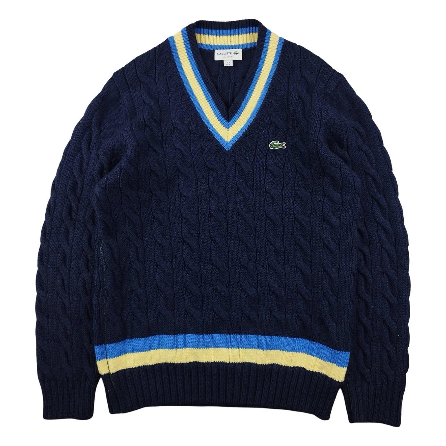 Lacoste - Pull torsadé à col V bleu marine taille S - Le Saptuaire