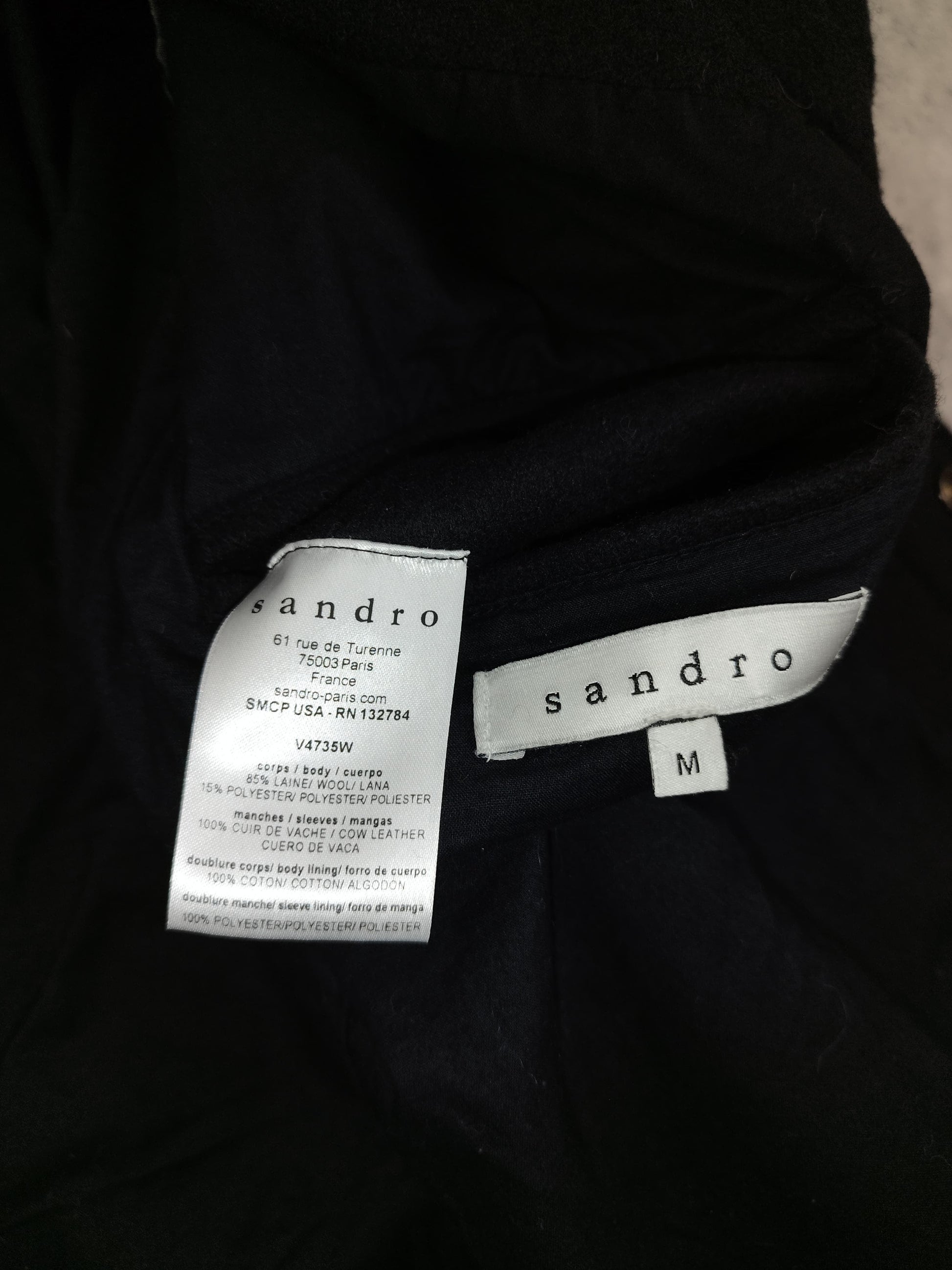 Sandro - Veste boutonnée en laine et cuir bleu marine et noir taille M - Le Saptuaire