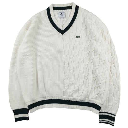 Lacoste - Pull torsadé à col V en laine blanc taille M - Le Saptuaire