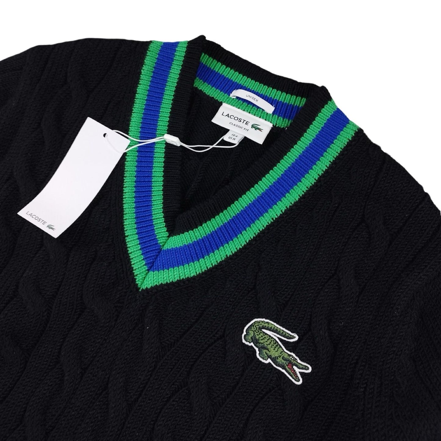 Lacoste - Pull torsadé à col V en laine noir taille M - Le Saptuaire