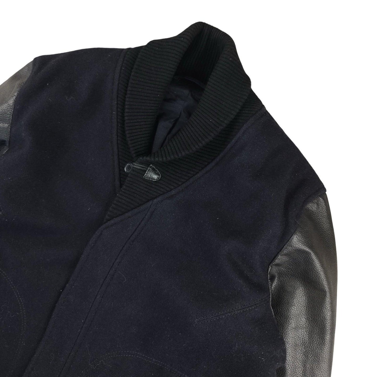 Sandro - Veste boutonnée en laine et cuir bleu marine et noir taille M - Le Saptuaire