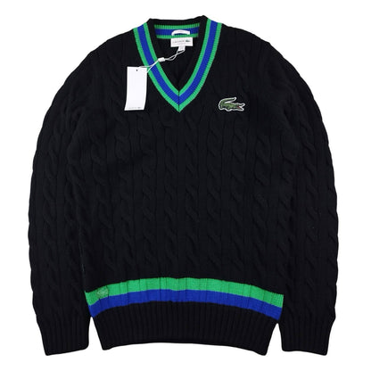 Lacoste - Pull torsadé à col V en laine noir taille M - Le Saptuaire