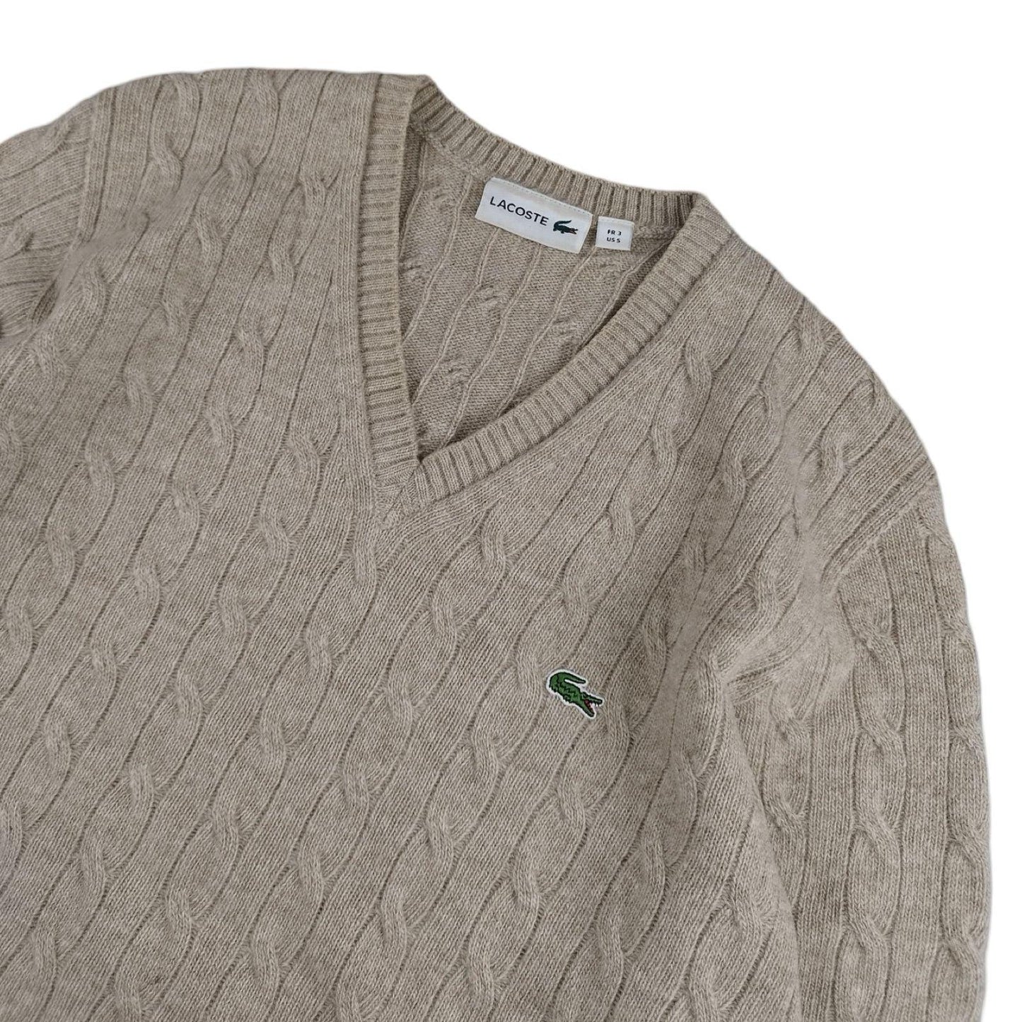 Lacoste - Pull torsadé à col V beige taille S - Le Saptuaire