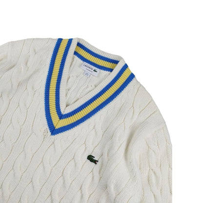 Lacoste - Pull torsadé à col V en laine blanc taille XL - Le Saptuaire