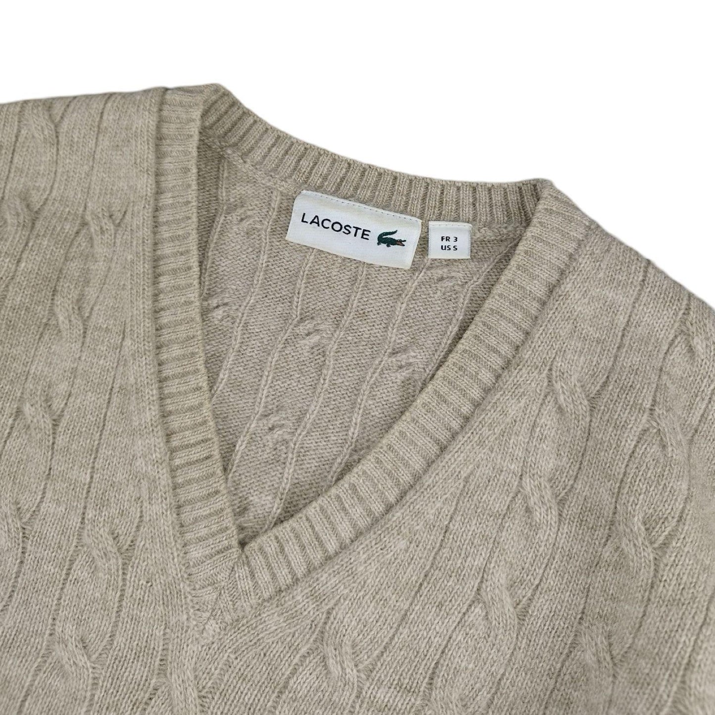 Lacoste - Pull torsadé à col V beige taille S - Le Saptuaire